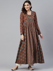 Indian Women Maroon & Multi-Color Cotton Floral Print Anarkali Kurta Long Dress