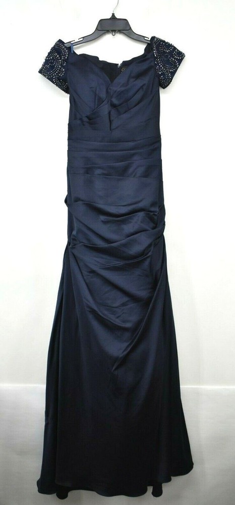 La Femme Womens Navy Off The Shoulder Beaded Satin Trumpet Gown Lined Back Zip 2