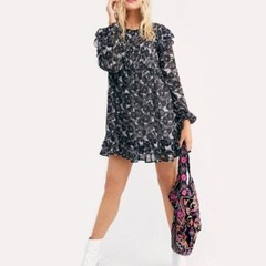 Free People Women&rsquo;s These Dreams Long Sleeve Boho Black Floral Ruffled Neck M