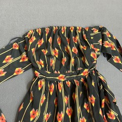 Ecote Mini Dress Womens XS Black Excellent Ikat Print Off Shoulder Long Sleeve