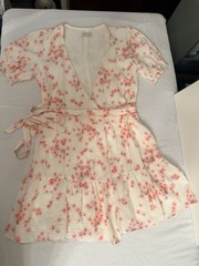 Gianni Bini White Pink Floral Wrap Dress V-Neck Puff Sleeve Belted Ruffle S