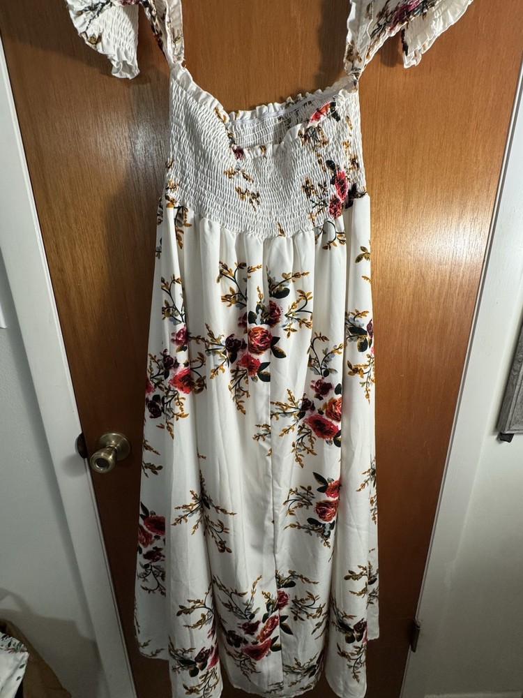 White Red Green Floral Smocked Off Shoulder Puff Sleeve Ruffle Midi Sundress 2XL