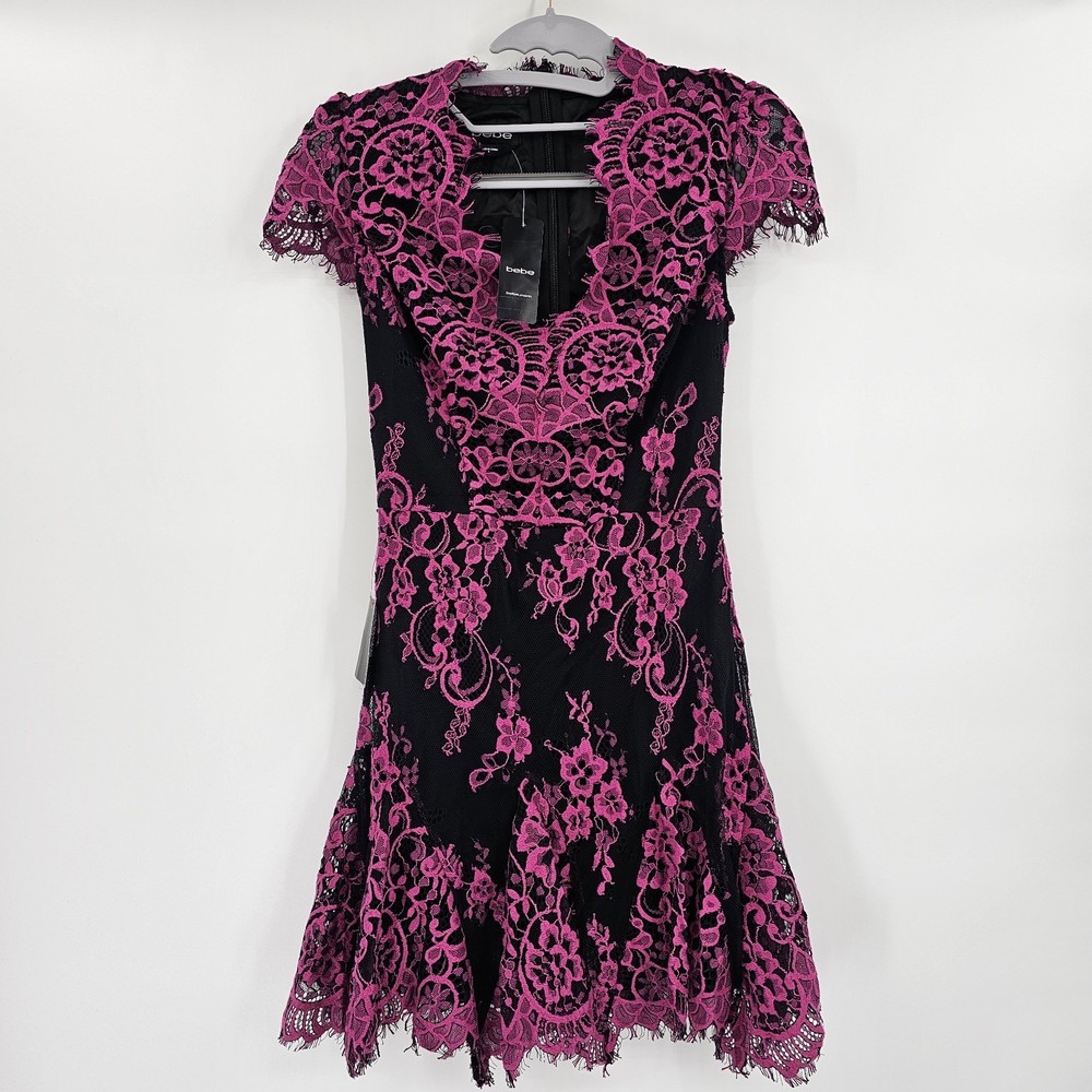 NEW BEBE Valorie Lace Godet Dress Size 0 Pink Black Lined Short Juniors Party