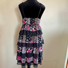 Floral Leopard Patchwork Tiered Ruffle Mini Dress Pink Black Animal Print Lace