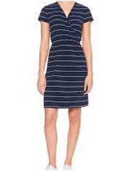 Banana Republic Petite Faux Wrap Dress Black Pink Striped V-Neck PS