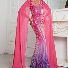 Multicolor Random Print, Cloak, Sequined, Mesh Mermaid Maxi gown