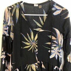 ROXY Floral Print Black Split Neck Shift Dress Boho XS