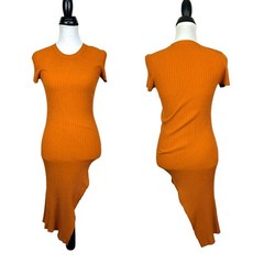 A.L.C. M Minetta Orange Ribbed Fitted Bodycon Asymmetrical Slit Dress
