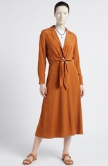 Calvin Klein Rust Midi Collared Long Sleeve Tie Waist Peep Key Hole Dress Sz 10