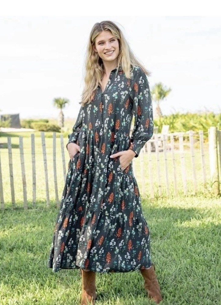 Natural Life Christa Tiered Floral Maxi Dress Gray Cottagecore Boho Modest XL