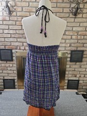 Self Esteem Vtg Y2K Plaid Halter Babydoll Mini Dress Womans Sz Med Pom Pom Trim