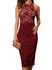 WOOSEA Burgundy Lace Sheath Midi Dress Women L Halter Cocktail Party Date Night