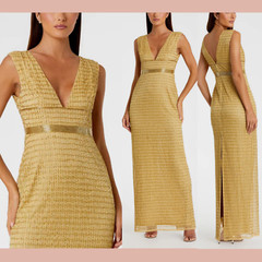 NWT $598 Mac Duggal [ 2 ] 5625 Beaded Cap Sleeve V Neck Column Gown Gold #J265