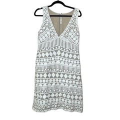 Naeem Khan Silk & Leather Patchwork Appliqué Mini Dress White and Tan Size 8