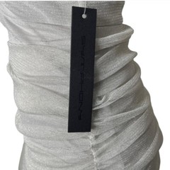 🆕Silver Metallic Threaded Cami Low Cut Ruched Open Back Nylon Mini Dress~Size S