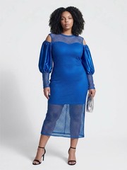 AOMEI Blue Mesh Cold Shoulder Puff Long Sleeve Bodycon Midi Dress Women’s 3XL