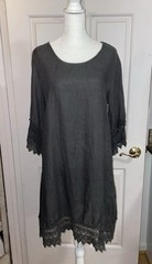 Stella Rosa 100% Linen Gray Dress Sz S 36 Bust Lace Trim 3/4 Slv 36 Length Italy