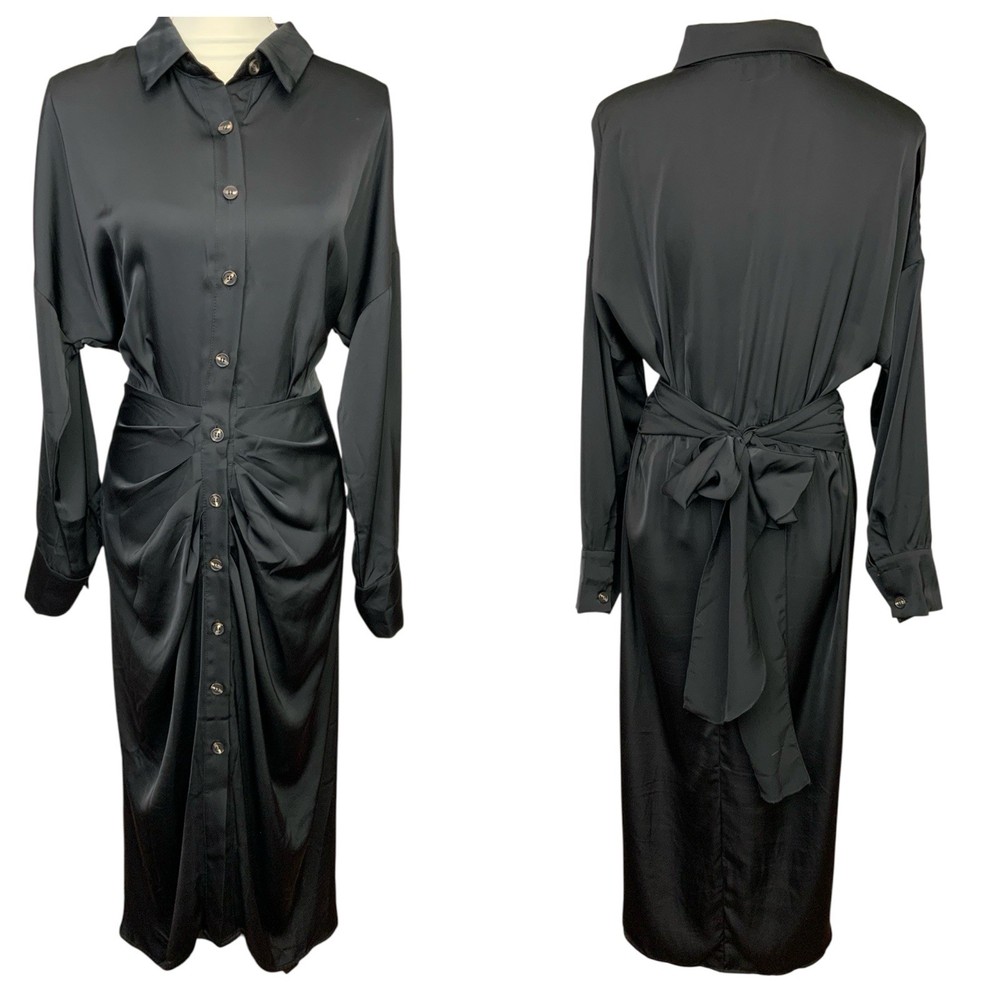 Black Satin Button Down Draped Front Tie Back Midi Shirt Dress Sz Large