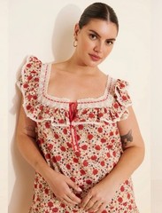 RIXO Laney Floral Mini Babydoll Dress Square Neck Bow Red And White US 10