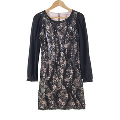 Review Dress Womens 8 Black Round Neck Long Sleeve Sequin Lace Short 136388