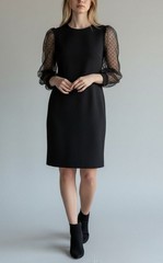 Black Sheath Small Dress With Sheer Polka Dot Sleeves & Back Zipper By Naif