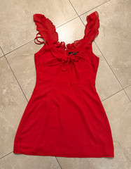White Fox Red Mini Dress S V-Neck Ruffle Tie Front Strappy Sleeveless