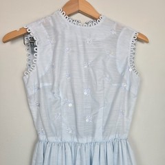 Vintage 60s Light Blue Daisy Embroidered Dress Mod High Neck Sleeveless XS/S