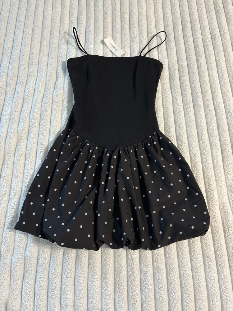 NWT No Comment Drop Waist Bubble Hem Polka Dot Mini Dress Women Smal Black White