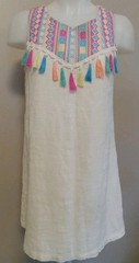 Entro Women Cream Multicolor Tassled Embroidered Lined Tunic Dress Size S