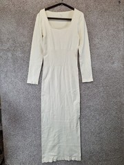 OQQ Bodycon Dress Women&rsquo;s XL Ivory Stretch Ribbed Knit Long Sleeve Square Neck