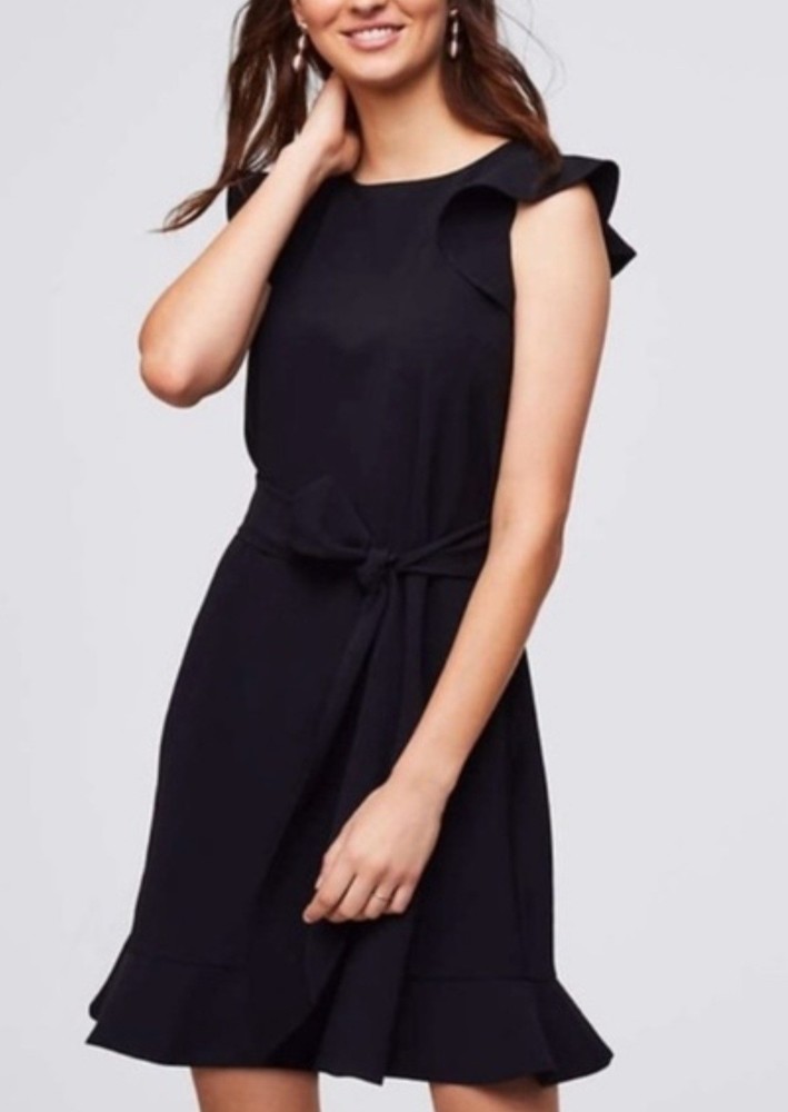 LOFT Black Flutter Sleeve Ruffle Hem Shift Dress Size 2 PETITE