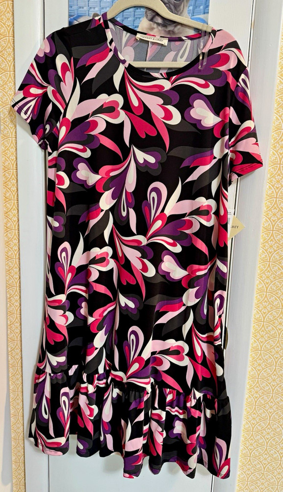 Tiffany & Grey Womens Abstract Shift Dress L Knee-Length Ruffle Hem