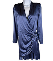 Veronica Beard Agatha Silk Wrap Dress Sz 8 Blue Satin Ruffle Mini Long Sleeve