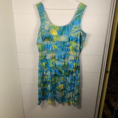 Tango Mango Tropical Leaf Ruffle Tank Dress XL Tiered Blue Green Vacation Resort