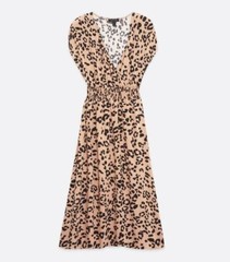 NEW LOOK Black Brown Beige Leopard Animal Print Puff Sleeve Midi Dress size 8