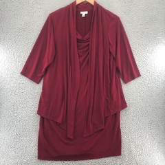 Dressbarn Dress Womens 14 Red Knee Shift 1 Piece Jacket Draped Travel 3/4 Sleeve