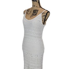 Freshman 1996 Womens Crochet Maxi Dress Medium Cream Boho Knit Scalloped Beige