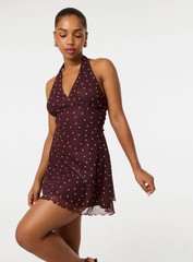 Pink Vanilla Womens CHOCOLATE Polka Dot Halter Mini Dress