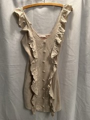 Karlie Women’s Tan Linen Blend Ruffle Sleeveless dress Small Boho Coastal Summer
