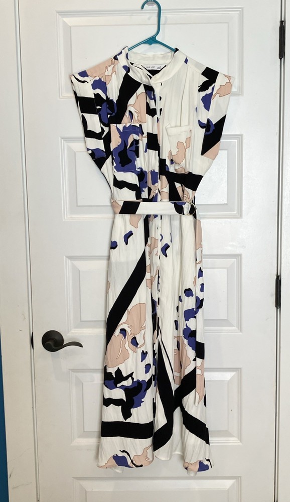 EUC Nine West Floral Abstract Dress Size S White Black Blue Long Dolman
