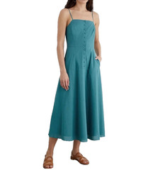 Iris & Ink Blue Teal Long Sleeveless Cotton Ladies Dress Pockets Buttons Size 8
