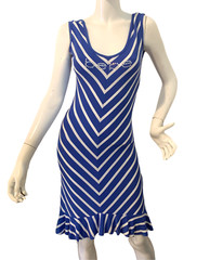 {BEBE} Dress Sheath Blue/White Stripe Ruffle Hem Stretch Summer/Dressy/Beach ~M