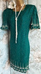 denise elle silk green 20s Deco vintage beaded Occasion wedding evening dress 16