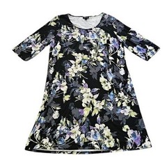 J. Jill Floral A-Line Midi Dress Women Large Black Blue Scoop Neck Elbow Sleeve