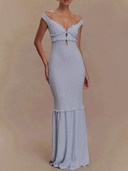 Dusty Blue Off-Shoulder Mermaid Maxi Dress Elegant Evening Gown