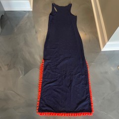 Sail to Sable Navy Blue Orange Pom Pom Trim Cotton Racerback Maxi Dress XS NEW