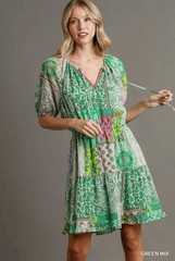 Umgee Metallic Boho Multi Print Patch Mini Dress Green Mix Large