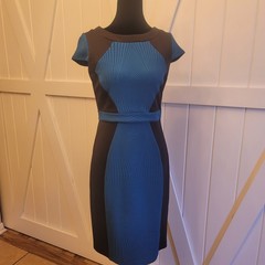 Colorblock Sheath Dress Blue Black Career Office Business Midi Belted Cap Sleeve