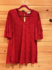 francesca&rsquo;s Red Floral Lace Shift Dress V-Neck Bell 3/4 Sleeve Keyhole XS