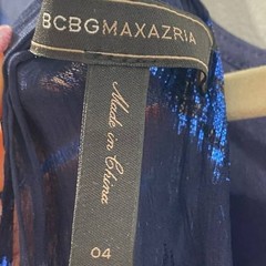 BCBGMAXAZRIA Navy Blue Metallic Silk Flutter Sleeve Knee Length Dress